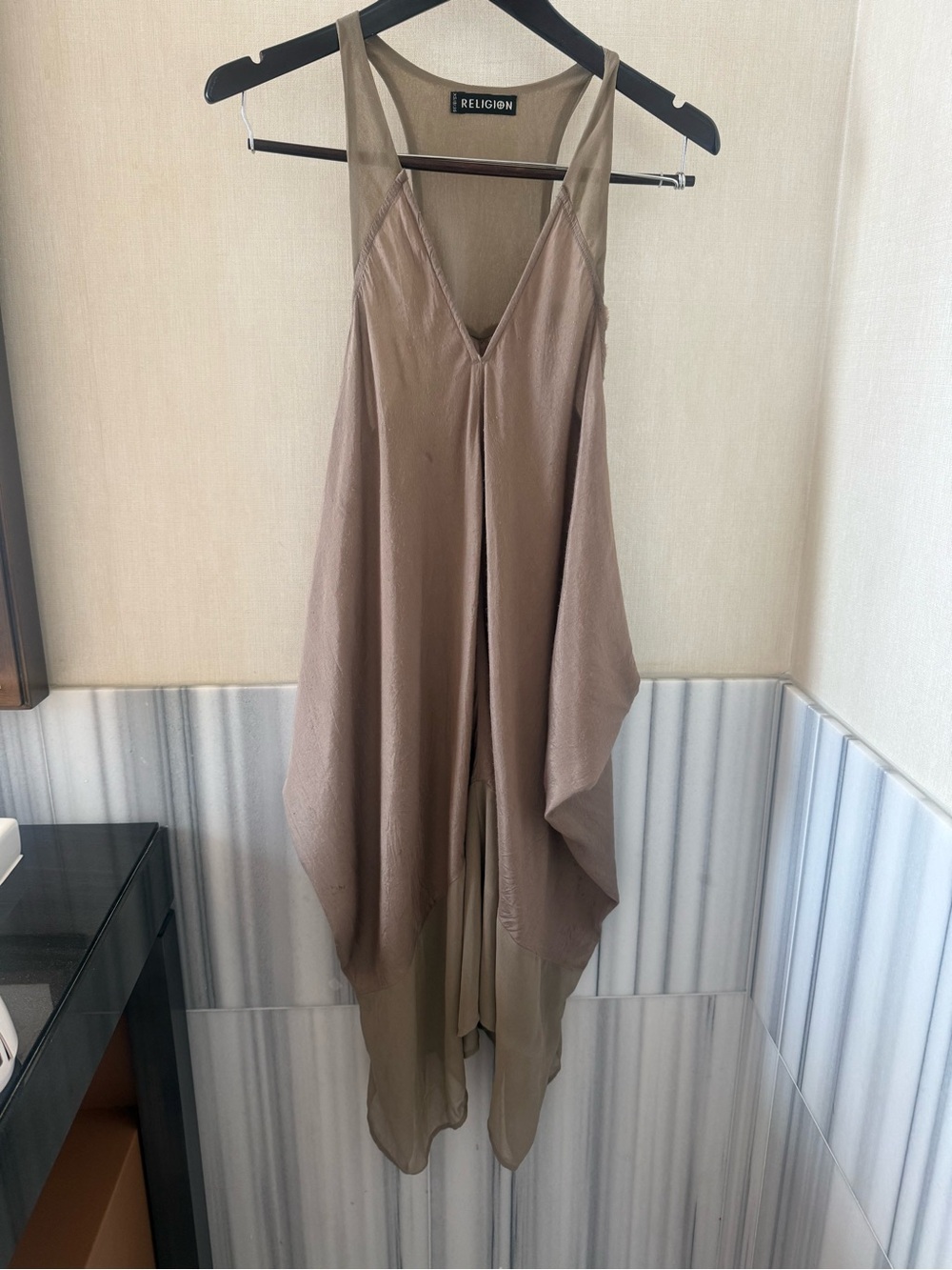 Religion Taupe Draped Asymmetrical Tunic Dress XS